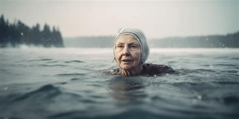 Premium AI Image Image Of Mature Woman Swimming On Icy Lake In Winter