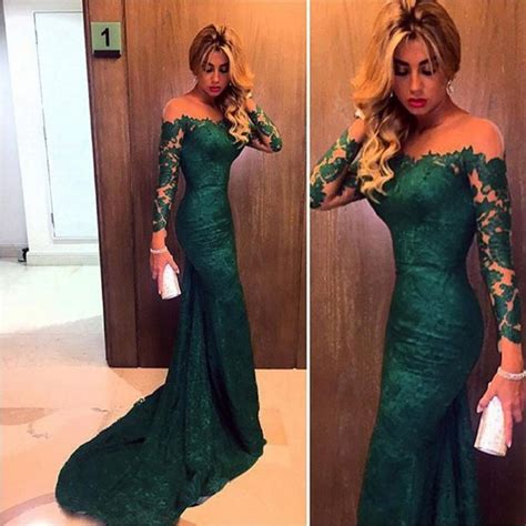 Emerald Green Lace Prom Dress Long Sleeve Mermaid Prom Dress Off The Shoulder Tulle Prom