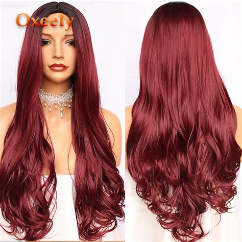 Oxeely Perruque Longue Ondul E Rouge Bordeaux Pour Femme Cheveux Synth