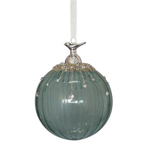 Green Ribbed Christmas Tree Bauble With Gems 90mm