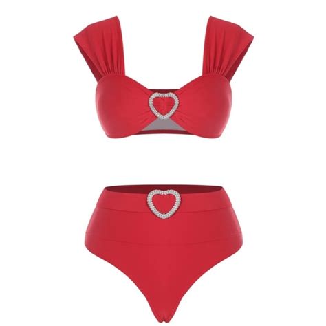 Moon Goddess Boutique Swim Rhinestone Heart Bikini Red Silver Belted High Cut Padded Poshmark