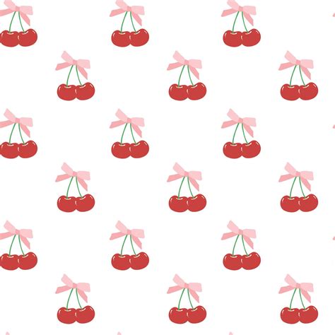 Cute Coquette Pattern Seamless Red Cherries With Ribbon Bow Isolated On