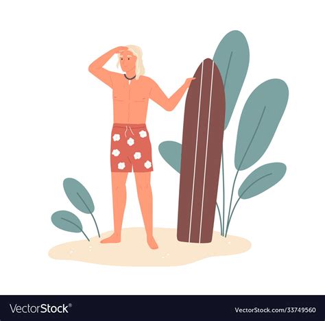 Male Surfer Standing On Sand Holding Surfboard Vector Image