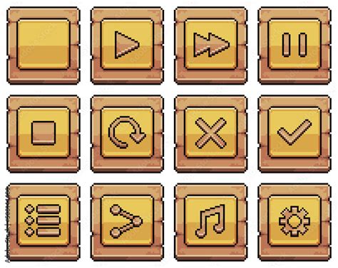 Pixel art wooden buttons for game and app interface vector icon for ...