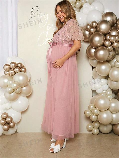 Shein Maternity Womens Elegant And Romantic Gender Reveal Party Long Mesh Dress With Sparkling