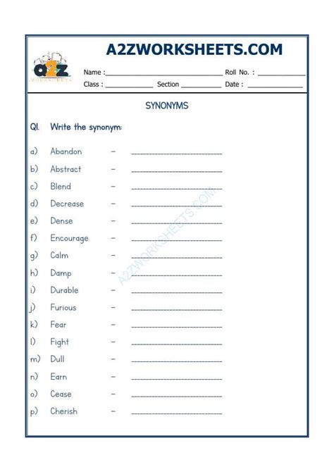 A2Zworksheets:Worksheet of Synonyms-10-Grammar-English 