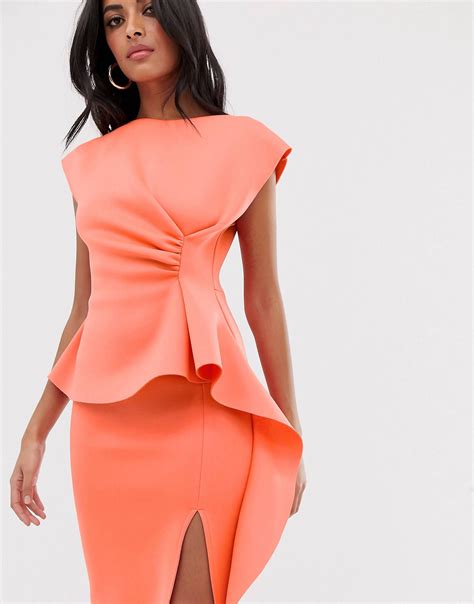 Asos Design Peplum Pencil Midi Dress With Tuck Detail Asos Stylish