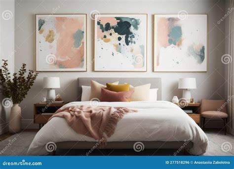 Modern Bedroom with Framed Abstract Art Print Above the Bed. Generative ...