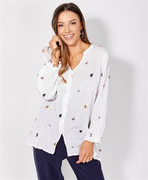 Tops Butterfly Embroidered Button Down Shirt Krisp