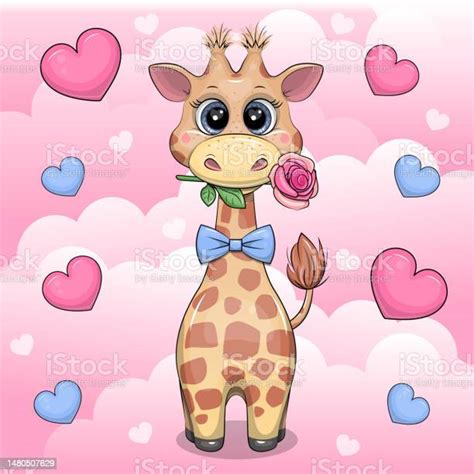 Cute Cartoon Giraffe In A Bow Tie Is Holding A Rose Stock Illustration