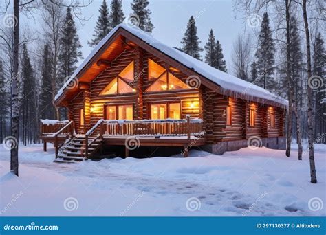 Snow-covered Log Cabin with Brightly Lit Windows Stock Image - Image of ...