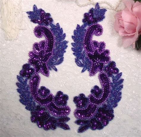 0180 Sequin Beaded Appliques Purple Mirror Pair Sewing Patch Etsy