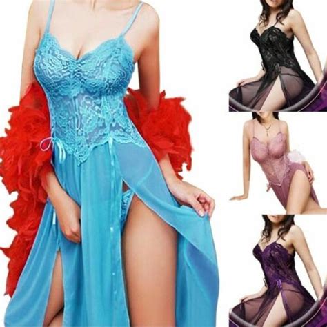 Sexy Womens Lingerie Sheer Lace Babydoll Sleepwear Nightgown Long Dress G Strin EBay