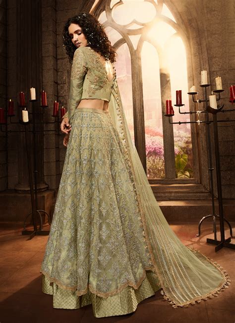 Olive Green Designer Heavy Embroidered Net Wedding And Bridal Lehenga