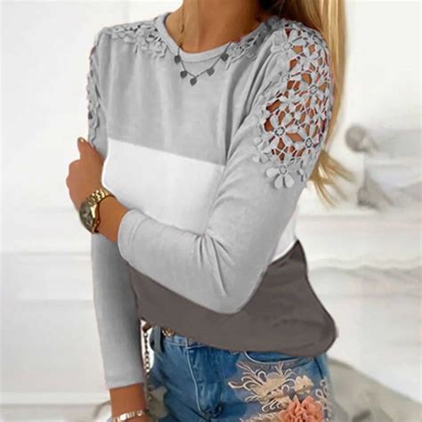 Azrian Women Casual Color Blocking Round Neck Lace Hollow Out Long