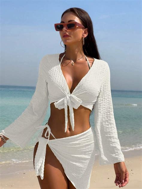 Shein Swim Vcay Conjunto De Bikini Con Textura S Lida Para Vacaciones En La Playa Moda De