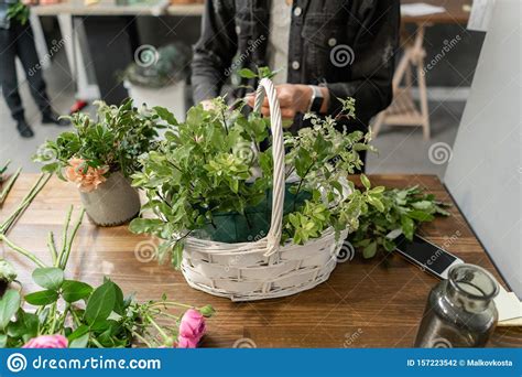 La Florista Mujer Crea Un Arreglo Floral En Una Cesta De Mimbre