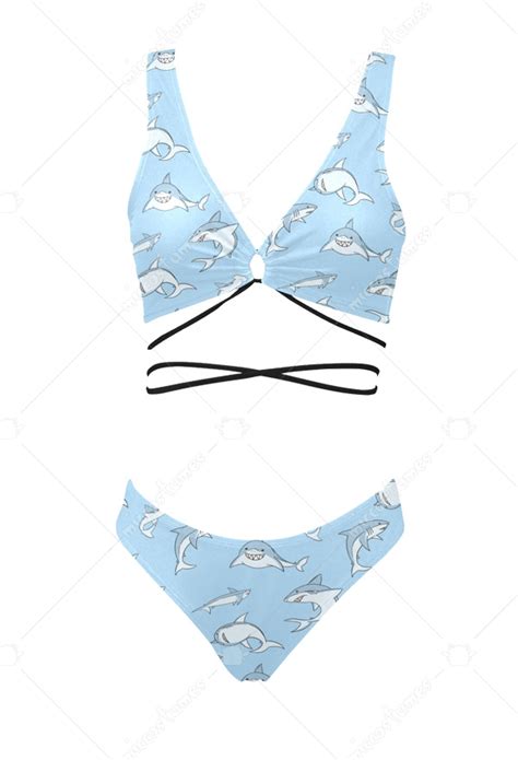 Cross Lace Up Two Piece Swimwear Women Kawaii Shark Pattern Bathing Suit Bikini Set For Sale
