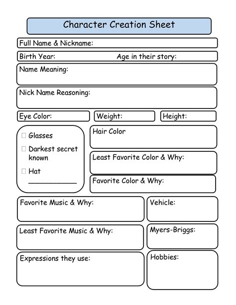 Free Character Creation Worksheet Download Free Character Creation