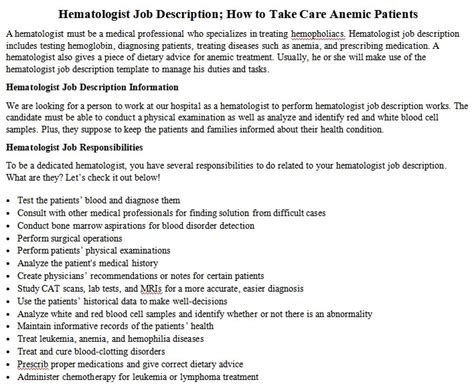 Hematologist Job Description; How to Take Care Anemic Patients | room ...