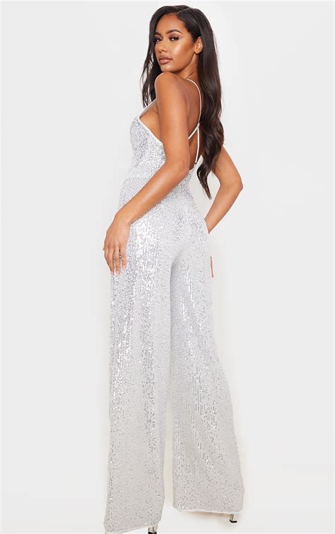 Silver Strappy Sequin Plunge Jumpsuit Prettylittlething Ie