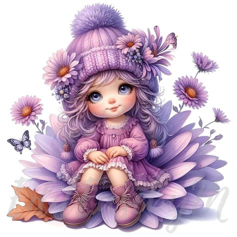 Aster Bloom Gnome Clipart | 10 High-quality 300 DPI Jpegs Commercial