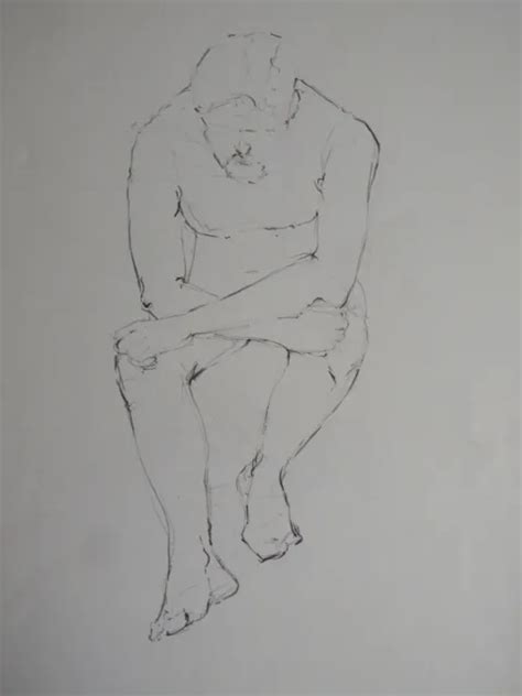 Original Pencil Life Drawing Of A Male Nude Model In A Seated Pose Arms