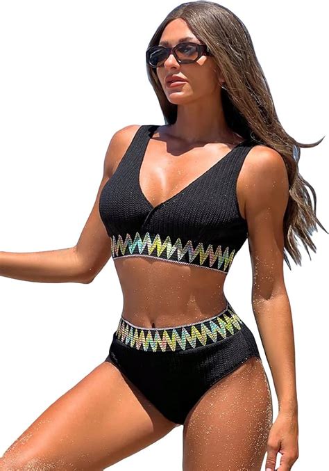 Amazon Floerns Women S High Waist Bikini Swimsuit Floral Print V Neck Bathing Suit