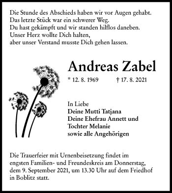 Traueranzeigen Von Andreas Zabel Lr Online Trauer De