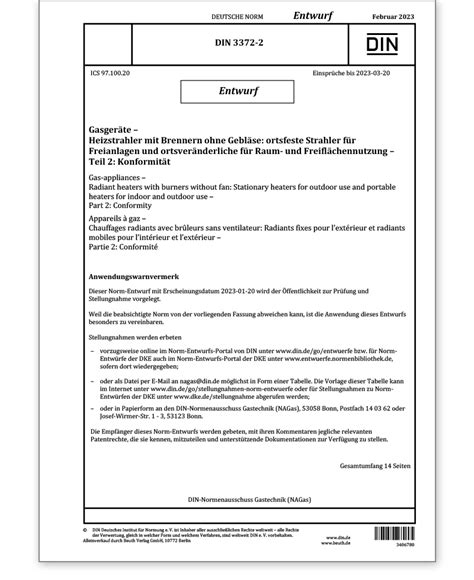 DIN 3372-2: Gasgeräte - Heizstrahler mit Brennern ohne Gebläse ...