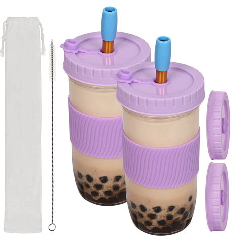 2pcs Purple Boba Cup Bubble Tea Cup 24oz Wide Mouth Smoothie Cups W Lid