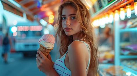 Sexy Blonde Fun Girl With An Ice Cream Is Posing As A Model In A Fair Premium AI Generated Image