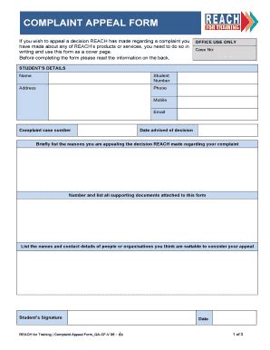 Fillable Online Complaint Appeal Form Reach For Training Fax Email