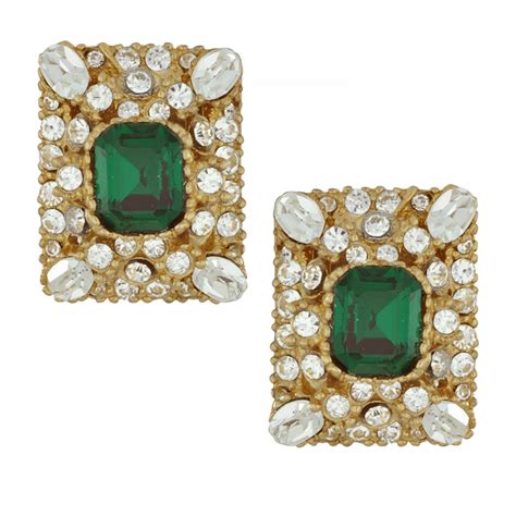 Ciner Emerald Ornate Rectangle Earrings