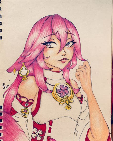 Yae Miko fan art, traditional art by LaurianeDessin on DeviantArt