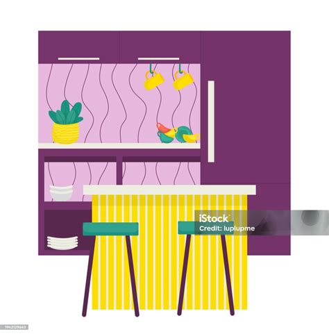 Modern Kitchen Interior With Purple Walls And Yellow Striped Bar Counter Vector Kitchen Design