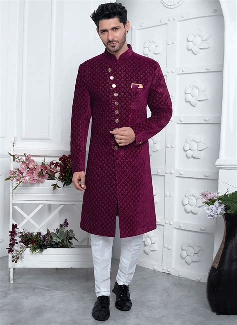 Shop Magenta Velvet Indowestern Sherwani With Luxurious Sequins