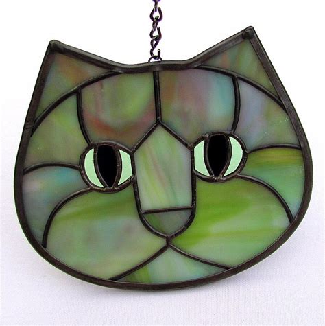 Stained Glass Cat Face Suncatcher Funky Green Purple Pink Blue