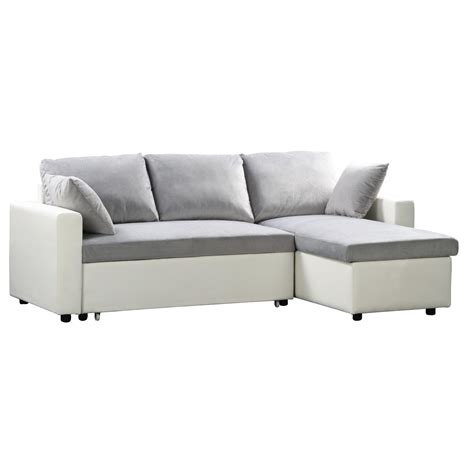 Reversible Corner Sofa Bed White Pu Microlfiber Grey