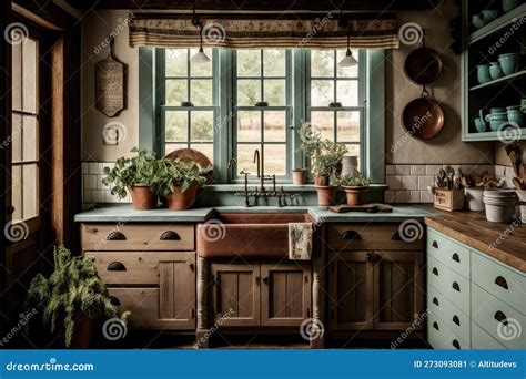 Farmhouse Kitchen with Rustic Wooden Cabinets, Vintage Cookware, and ...