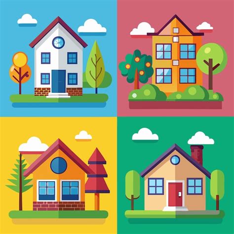 Conjunto de quatro casas coloridas com diferentes desenhos e detalhes ...