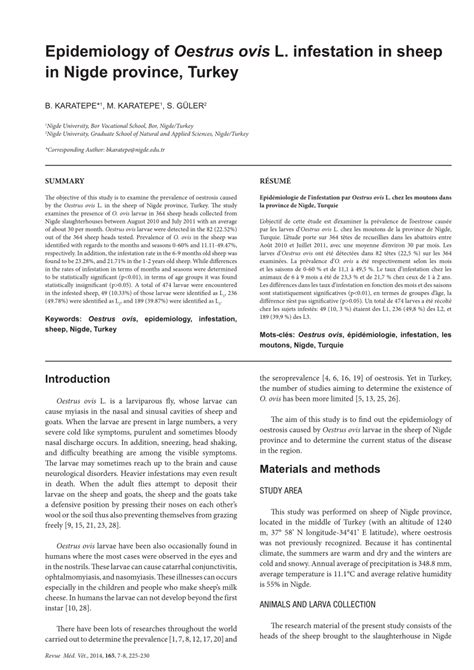 PDF Epidemiology Of Oestrus Ovis L Infestation In Sheep In Nigde