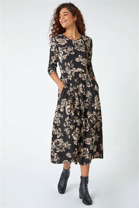 Roman Black Floral Pocket Stretch Midi Dress Matalan