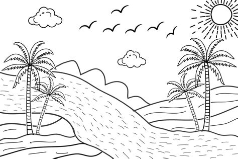 summer sunset tropical beach  art vector illustration hand drawn