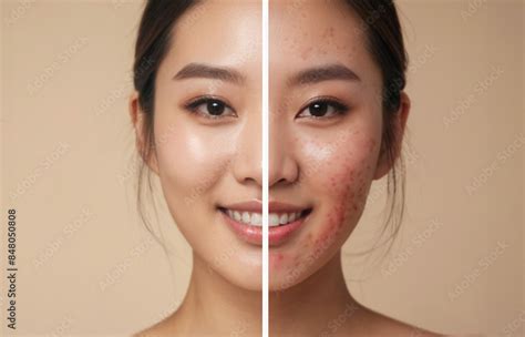 Portrait Of A Beautiful Asian Woman With Acne Before And After Treatment Showing Healthy Skin