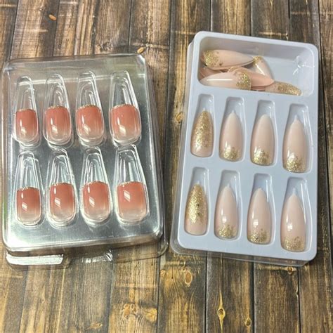 N A Makeup 5for Short Nude Glitter Tips And Long Pale Pink Gold Glitter False Fake Nails