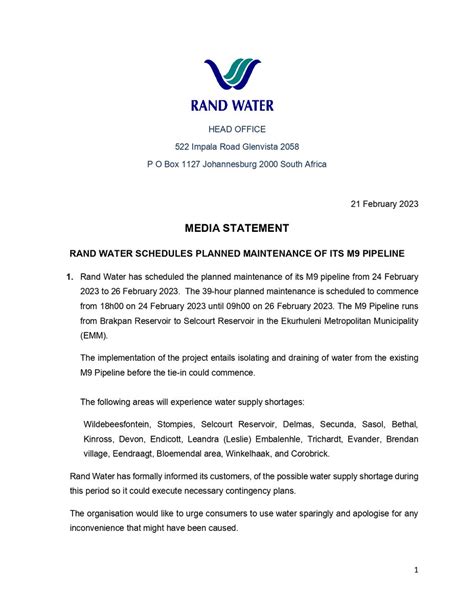 Rand Water On Twitter 🚨media Statement🚨 Rand Water Has Scheduled The