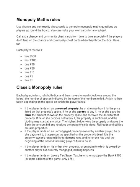 Monopoly Rules | PDF | Economies | Money