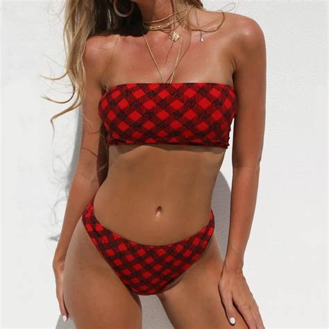 Swimwear Women 2018 Plaid Bandeau Brazilian Red Bikinis Women Bathing