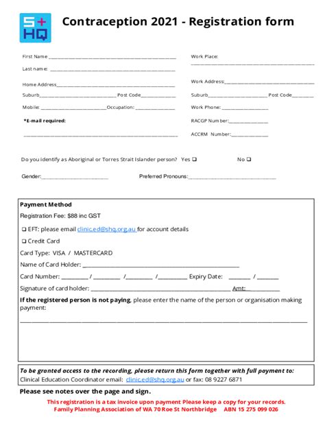 Fillable Online Shq Org Contraception Registration Form Fax